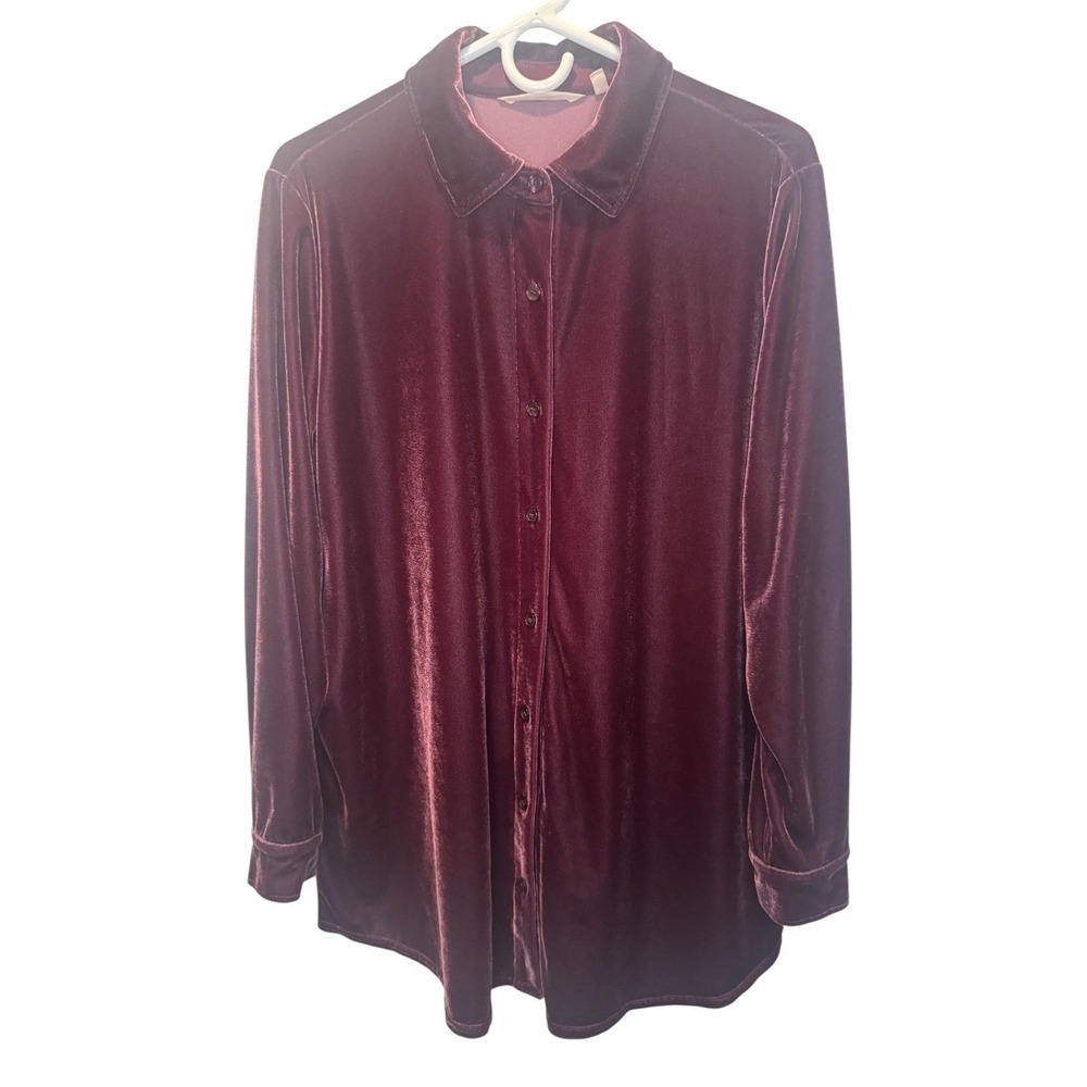 Soft Surroundings Womens Burgundy Velvet Button Up Shirt Tunic Large